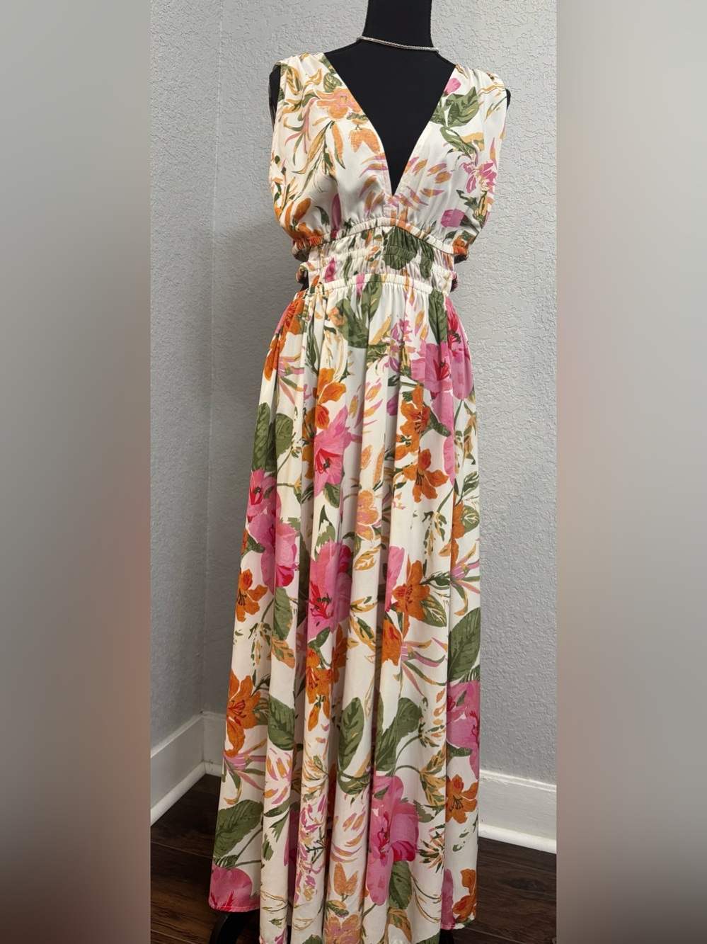 Indulge Cream Maxi Skirt with Pink Orange Floral Print Side Openings Back Tie